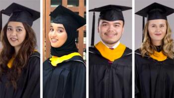 Nayab Rana, Kholoud Al Shiba, Afif Haitsam and Emma Mogensen wear their caps, gowns and hoods in side-by-side headshots.